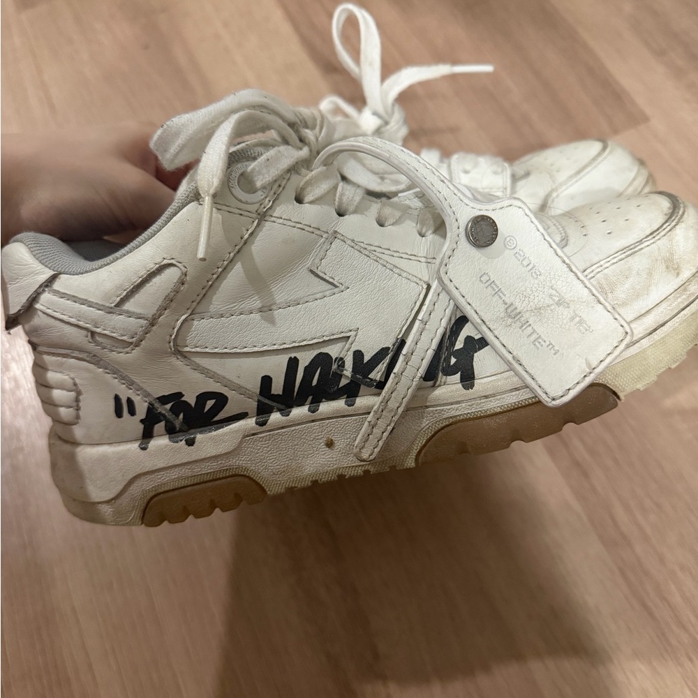Off-White White Leather Sneaker with Brown Sole and Black Script